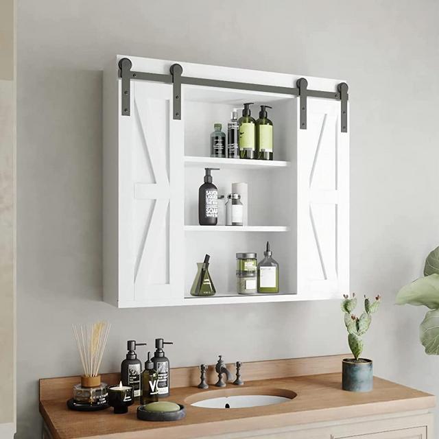 BARNER HOME Wall Mounted Medicine Cabinet Home Wall Cabinet Farmhouse Sliding Double Barn Doors with 3 Tier Storage Cabinet for Living Room White