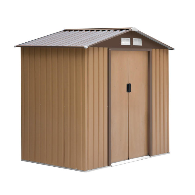 Outsunny 7' x 4.3' Steel Storage Shed, Garden Tool house with 4 Vents and 2 Easy Sliding Doors for Backyard, Patio, Garage, Lawn, Brown