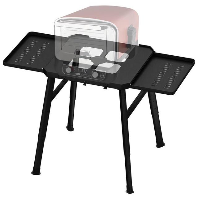 Outdoor Grill Table Stand for Ninja OG and OO Series, Portable Grill Stand Fits Ninja Woodfire with Side Shelf, Utensil-Holder and Hooks, Adjustable Height, Heavy Duty Steel, Black