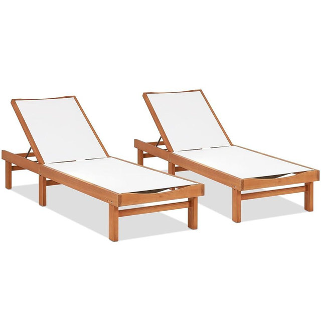 COSTWAY Patio Wood Chaise Lounge Chair, Strong Eucalyptus Wood Frame, 5-Position Adjustable Outdoor Recliner with White Mesh (2)