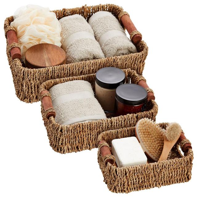 Juvale Set of 3 Small Wicker Baskets for Storage, Woven Nesting Bins with Handles for Bathroom Towels and Toilet Paper Organization, Shelf 3 Sizes