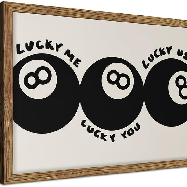 Trendy Black 8 Ball Wall Art, Funny Lucky You Y2k Canvas Wall Decor Painting, Funky Cool Billiards Posters Prints Pictures for Living Room Bedroom Apartment Dorm Room Decor 12x16 Inch Wood Framed