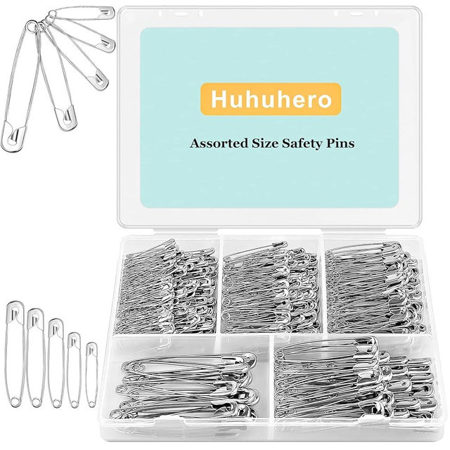Huhuhero 340 Pack Safety Pins Assorted, 5 Different Sizes Small and Large Pins, Safety Pin for Clothes Costume Sewing, Nickel Plated Steel Bulk, Easter Crafts Art Supplies, Silver