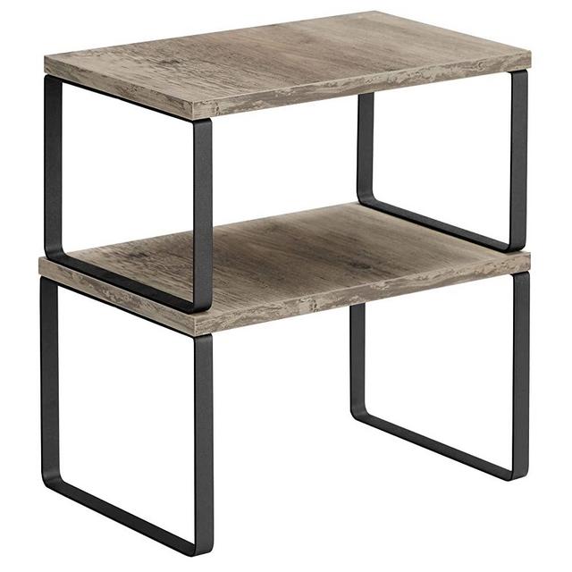 SONGMICS Cabinet Shelf Organizers, Set of 2 Countertop Organizers, Kitchen Counter Shelves, Stackable, Expandable, Metal and Particleboard, Greige and Black UKCS020X02