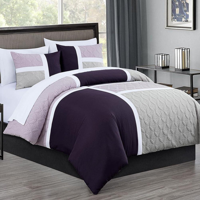 Chezmoi Collection Bernard 7-Piece Queen Bed in a Bag Comforter Set with Sheets - Lightweight Comforter Lavender Purple Gray Patchwork Quilted Medallion Bedding Set for All Season