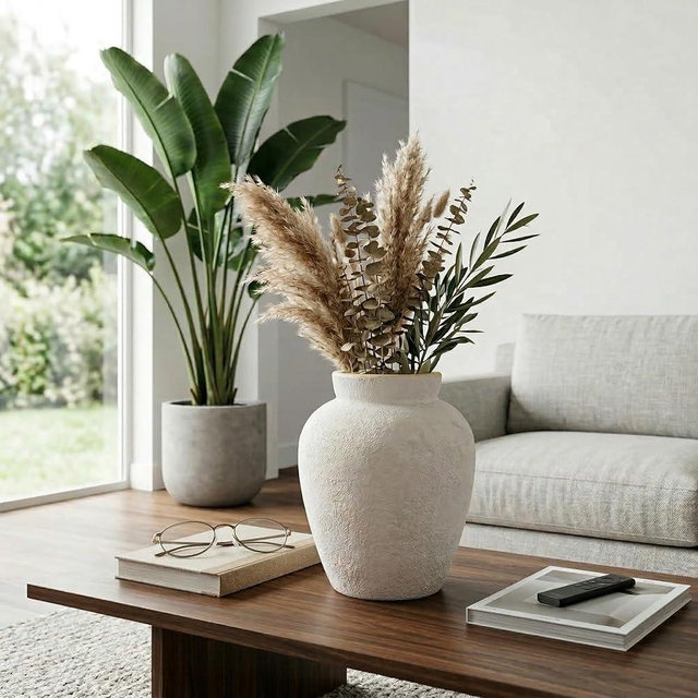 Decorative Round Textured Vase for Living Room Decor - Terracotta Flower Vase for Home and Study Table Centerpiece - Pottery Accent Display for Room, Bedroom, and Office Styling - 12”, Ivory & Tan