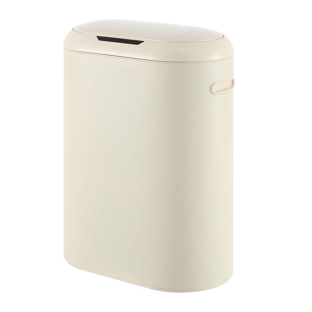 happimess HPM1016D Robo Kitchen 13.2-Gallon Slim Oval Motion Sensor Touchless Trash Can with Touch Mode, Fingerprint Resistant, Modern, Minimalistic for Kitchen, Office, Bathroom, Limestone Beige