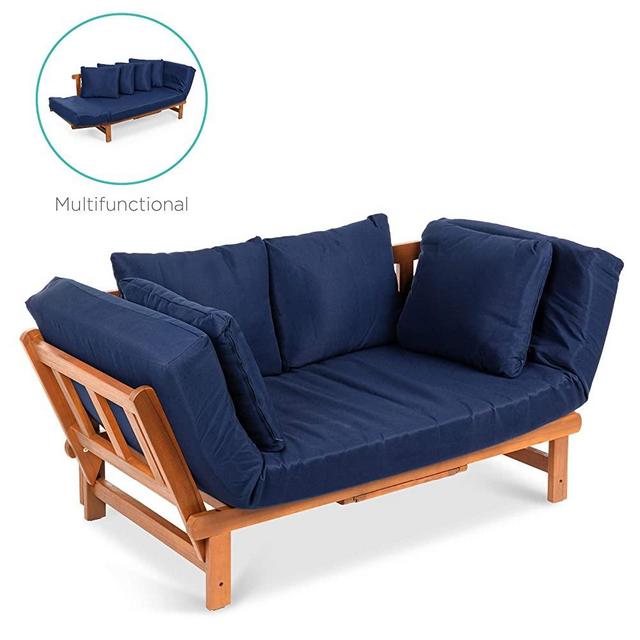 Best Choice Products Outdoor Convertible Acacia Wood Futon Sofa w/Pullout Tray, 4 Pillows, All-Weather Cushion - Navy
