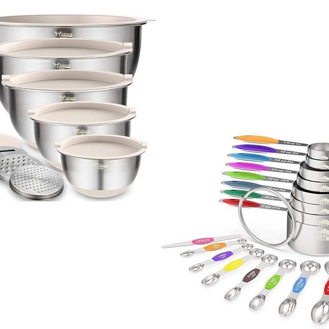 Wildone 5pcs Stainless Steel Mixing Bowls with Graters and 16pcs Measuring Cups & Magnetic Measuring Spoons Set