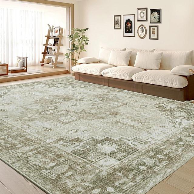 HOMBYS 10x14ft Vintage Area Rug for Living Room Bedroom, Large Boho Super-Thin Floor Carpet for Indoor Office Dining Room, Traditional Home Deco Non-Shedding, Khaki Beige, Machine Washable