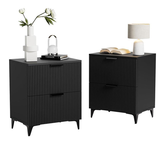 Royal Windsor Small Night Stand Set of 2, Fluted Nightstand with 2 Drawers, Side End Table with Storage, Modern Night Stand Bedside Table for Bedroom Full Size Bed, Black