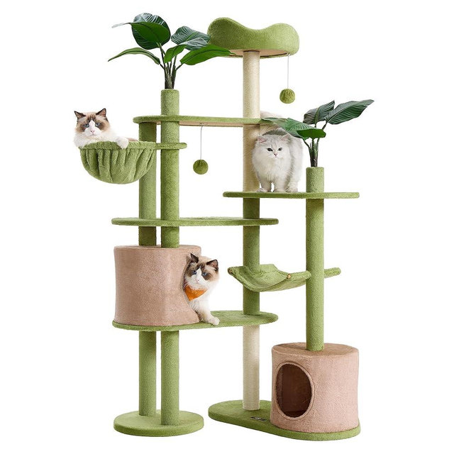 Feandrea Cat Tree, 68.1-Inch Tall Cat Tower, Multi-Level Plush Condo with Artificial Leaves, 3 Scratching Posts, 2 Pompoms with Bells, Grass Green and Camel Brown UPCT330C01