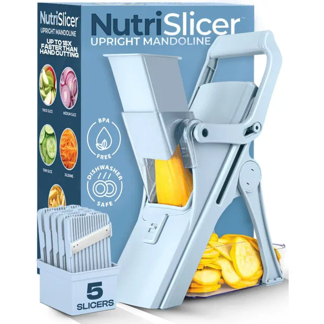 NutriSlicer Blue Upright Mandoline Slicer – 5 Stainless Steel Blades, BPA-Free and Dishwasher Safe