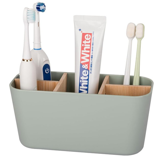 Toothbrush Holders Electric Tooth Brush and Toothpaste Organizer, Green | Removable Bamboo compartments, 5 Slots, Easy to Clean, Compact Size, for Bathroom Countertop, Vanity
