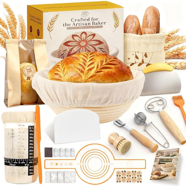 RYMTOX Complete Sourdough Starter Kit | Easy to Clean & Use for Beginners & Bakers | Natural Rattan Proofing Basket with Full Accessories | Sourdough Bread Baking Supplies for Bakers Women Wife