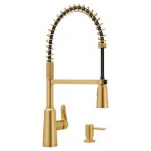 Moen Edwyn Brushed Gold Single Handle Deck-mount Handle Residential Pull-down Kitchen Faucet with Sprayer ( Deck Plate Included ) (Soap Dispenser Included)