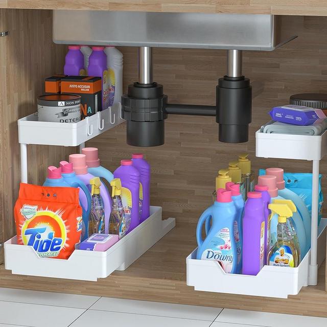2 Pack Under Sink Organizer Storage Pull Out Cabinet Organizer 2-Tier Slide Out Sliding Shelf Multi-Use Narrow Space Under Sink Organizers and Storage for Kitchen Bathroom