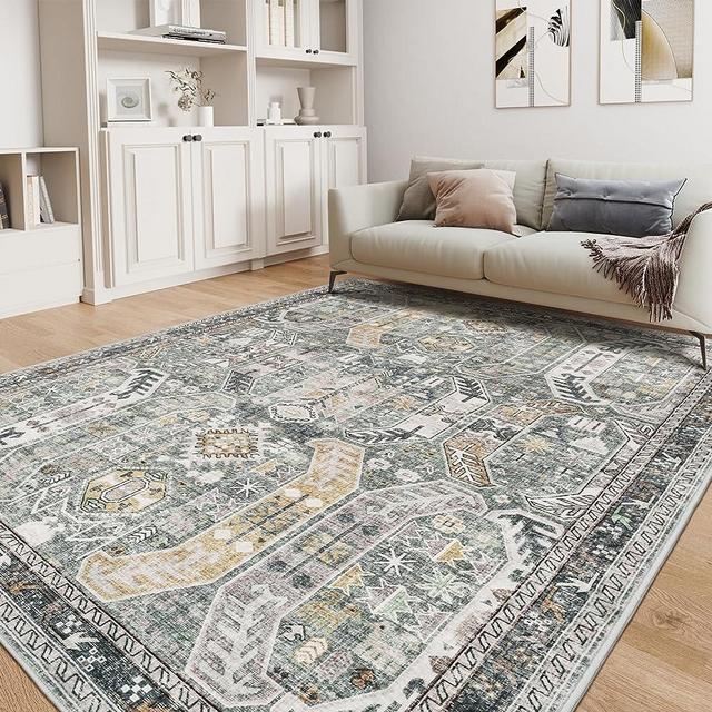 befbee Washable Rug 8x10 Area Rugs for Living Room - Stain Resistant Non-Slip Backing Rugs for Bedroom - Vintage Boho Persian Large Area Rug (Green/Gold, 8'x10')