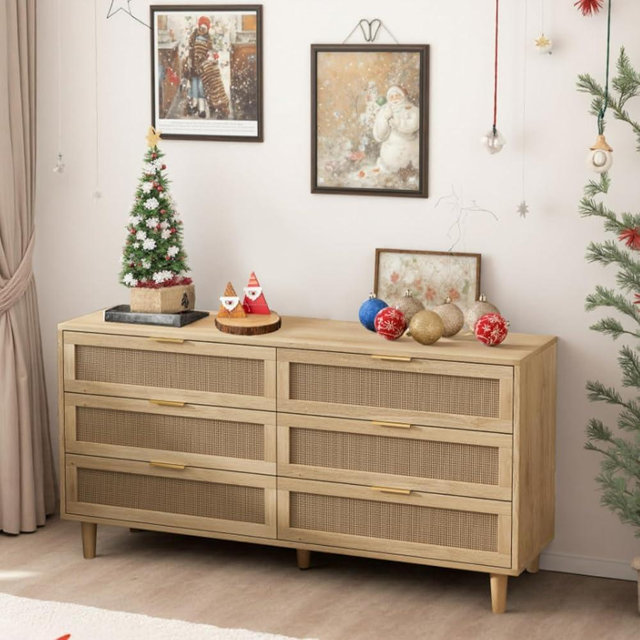 NTYUNRR 6 Drawer Double Dresser for Bedroom, 51.18" Wooden Dressers for Bedroom, Dresser for Closet, Rattan Storage Cabinet Drawer with Gold Handles, for Living Room, Natural M