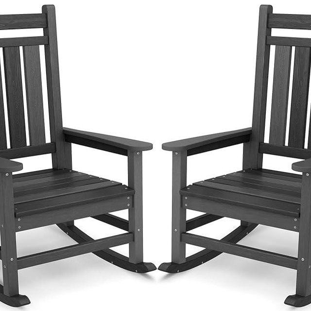 SERWALL Outdoor Rocking Chair Set of 2, HDPE Rocking Chair for Adults, All Weather Porch Rocker for Lawn Garden, Unique Color Matching Each Chair Varies, Multi-Tone Black
