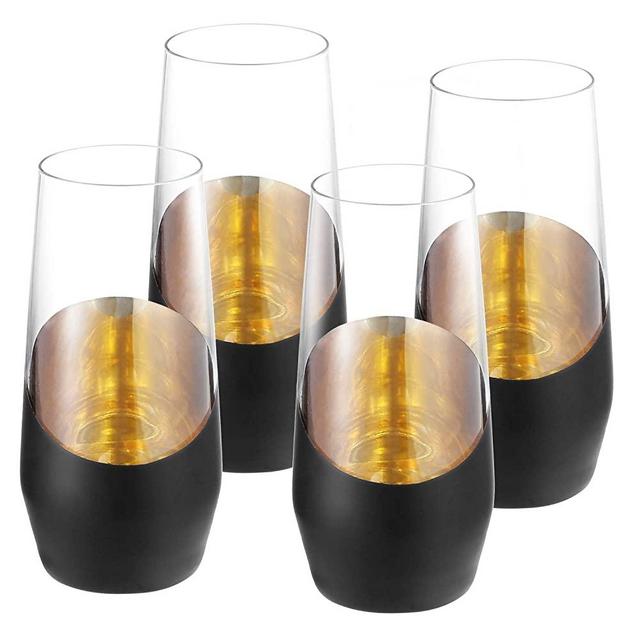 MyGift 11 oz Modern Black and Gold Plated Decorative Stemless Champagne Flute Wedding Party Drinking Glasses, Set of 4