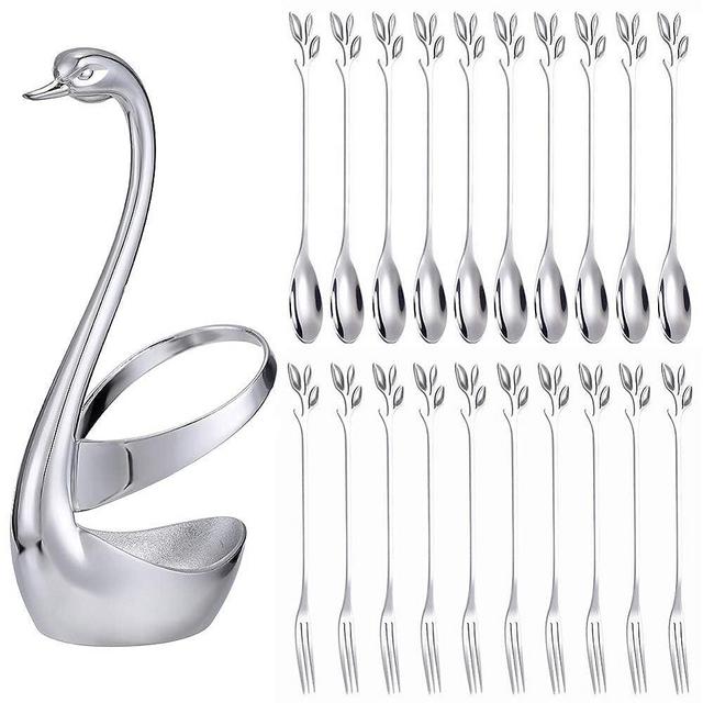 AnSaw Silver Swan Base Holder With 20 Pcs 4.7"Small Leaf Handle Coffee Spoons & Dessert Forks Set(Silver,10+10)