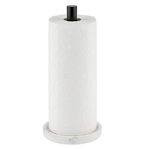 mDesign Modern Marble Vertical Paper Towel Holder Stand and Dispenser, Fits Standard and Jumbo-Sized Rolls for Kitchen Countertop, Pantry, Laundry/Utility Room, Garage Storage - Marble/Black