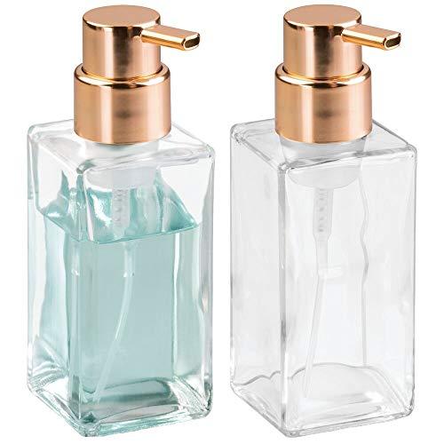mDesign Modern Square Glass Refillable Foaming Hand Soap Dispenser Pump Bottle for Bathroom Vanities or Kitchen Sink, Countertops - 2 Pack - Clear/Copper