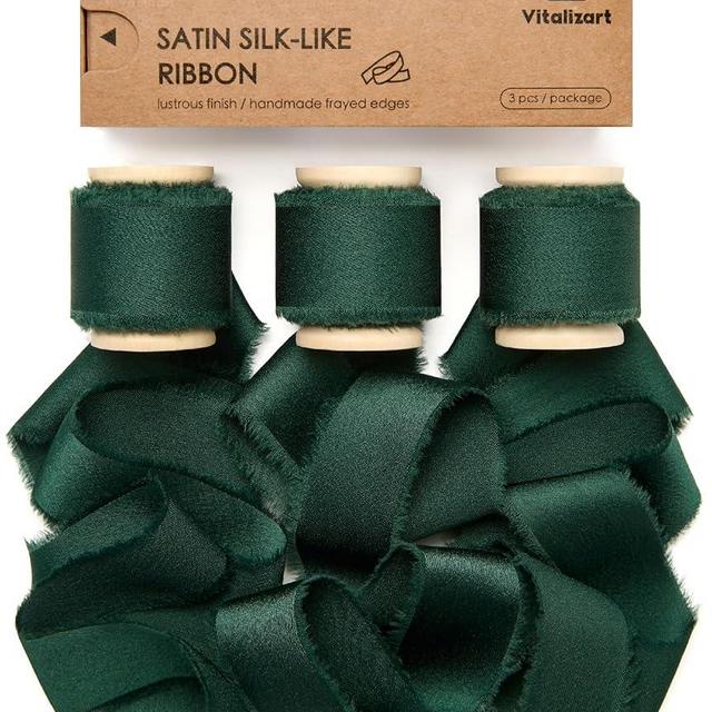 Vitalizart Silk Satin Ribbon 1 Inch x 15 Yard Wooden Spool Dark Green Handmade Frayed Ribbon for Gift Wrapping Baby Shower Wedding Bridal Bouquets Holiday Decor 3 Rolls x 5 Yard
