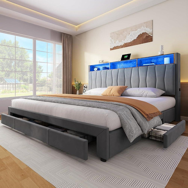 YITAHOME King Bed Frame with 3-Drawer, Upholstered Bed Frame with Storage Headboard, LED Platform Bed with Charging Station, No Box Spring Required, Simple Setup (Grey)