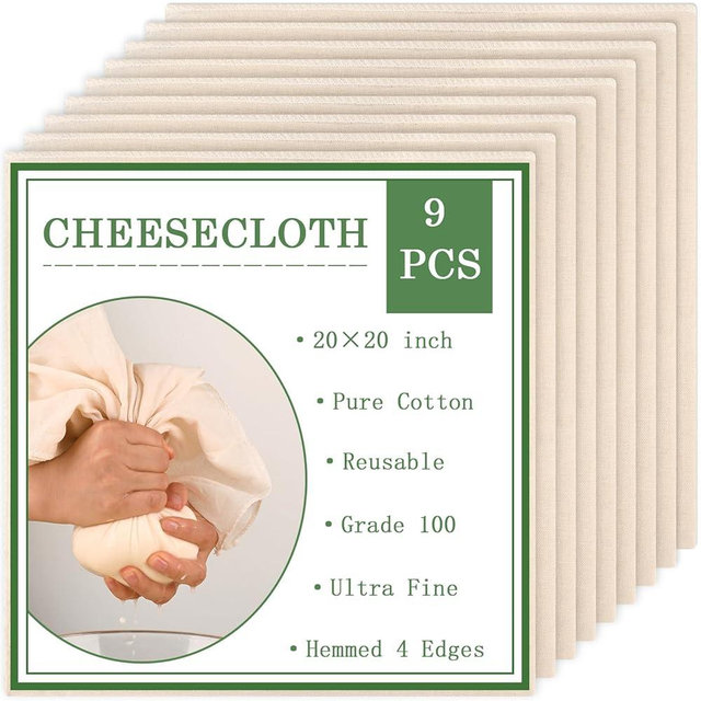 WMKGG 9 PCS Cheese Cloths, 20x20 Inch Cheesecloth for Straining with Hemmed 4 Edges, Grade 100, Reusable Unbleached Fine Mesh Cotton for Cooking, Juicing, Cheese Making, Baking, Yogurt