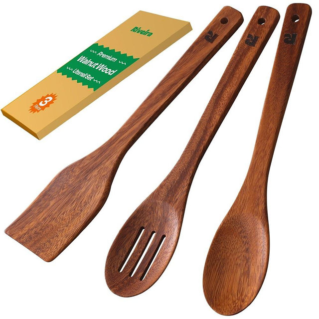 Riveira Walnut Wooden Spoons for Cooking Set of 3 – Natural Walnut Wooden Cooking Utensils, Wooden Spatula, Wooden Spoon - Premium Quality Wooden Utensil Set for Non-Toxic Cooking