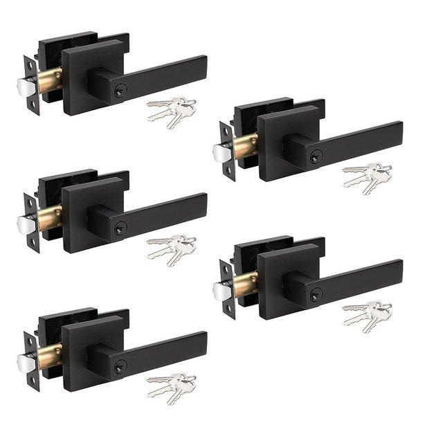 KNOBWELL 5 Pack Heavy Duty Entrance Door Lever Door Handle(for Office/Front Door) Entry Door Handle Set, Left/Right Handing, Keyed Alike Black Door Handles, Matte Black 2.13 lb One Lever
