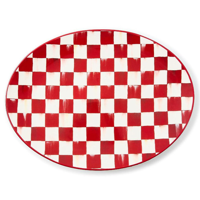 MACKENZIE-CHILDS Stoneware Serving Platter, Decorative Dinnerware Plate, 15" W x 12" L, Red-and-White Cherry Check