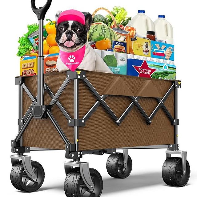 pikulLA Beach Wagon,CollapsibleWagon 220lbs with Big Wheels Foldable Wagon Carts,Portable Utility for Garden Grocery Sports Camping All Terrain-Khaki