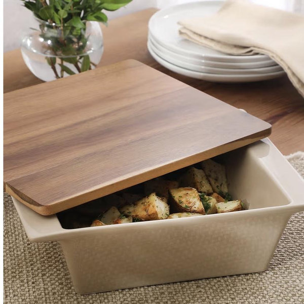 Gibson Elite 2-Quart 10" x 8.5" Stoneware Baking Dish with Acacia Wood Lid – Taupe Rectangular Oven Safe Baker for Casseroles, Roasting & Serving