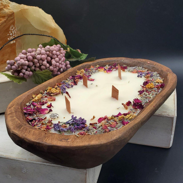 FUNK FREE Unique Rustic Wood Dough Bowl + Soy Coconut Beeswax Natural Candle ~ Wood Wick ~ Dried Flowers Beautiful 4 Gift Giving