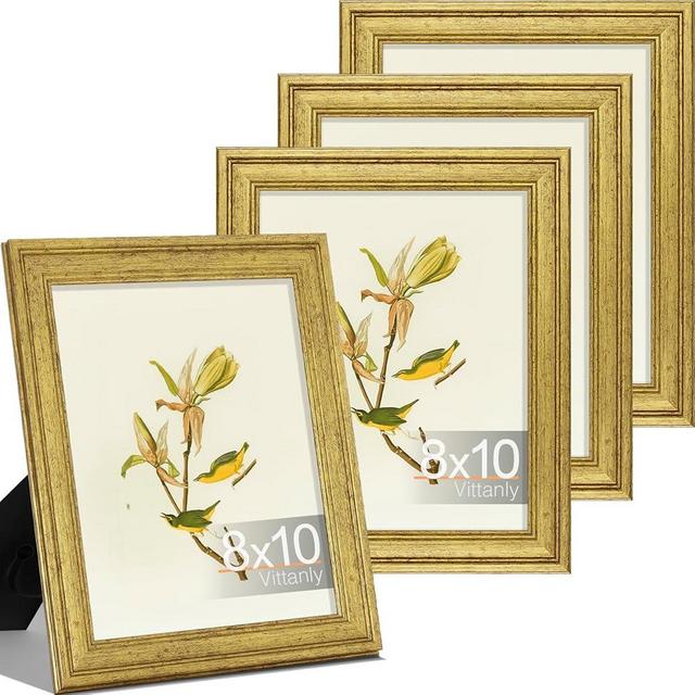 Vittanly 8x10 Picture Frame Set of 4, Vintage Photo Frame for Wall or Tabletop, Display 5x7 Pictures with Mat or 8x10 without Mat, Rustic Farmhouse Home Decor, Gold