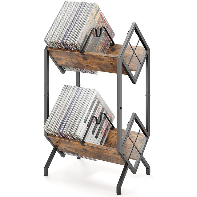 RUILALIFE 2-Tier-Vinyl-Record-Storage-Holder With Dividers, Metal Album storage for vinyl records display Shelf, Vintage 160-200 LP Storage Shelf Stand