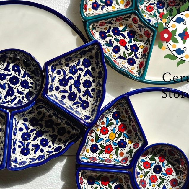 Handmade Ceramic Appetizer Plate: Floral Dipping Serving Dish, 8-Piece