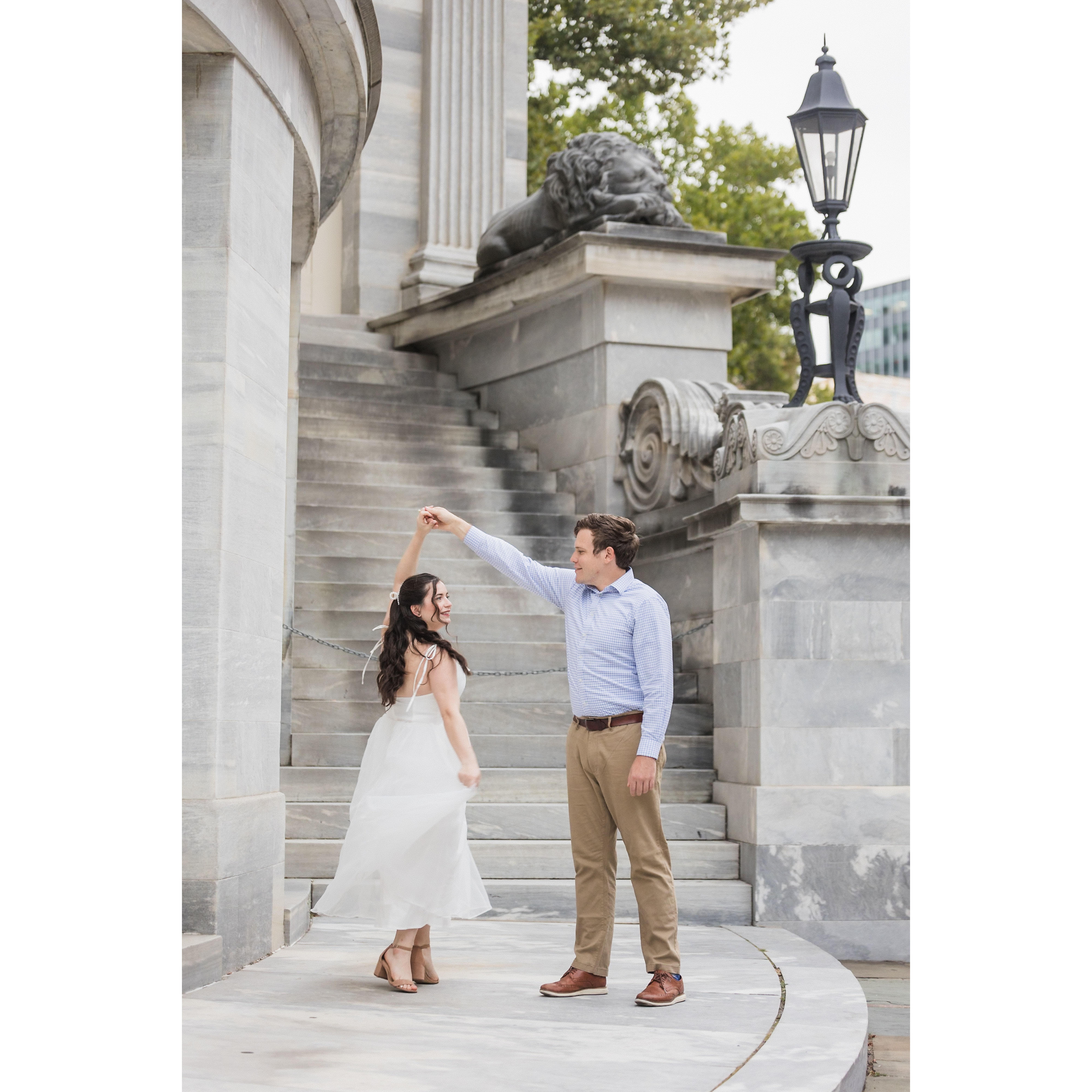 Engagement photos at the Merchant Exchange Building in Philadelphia