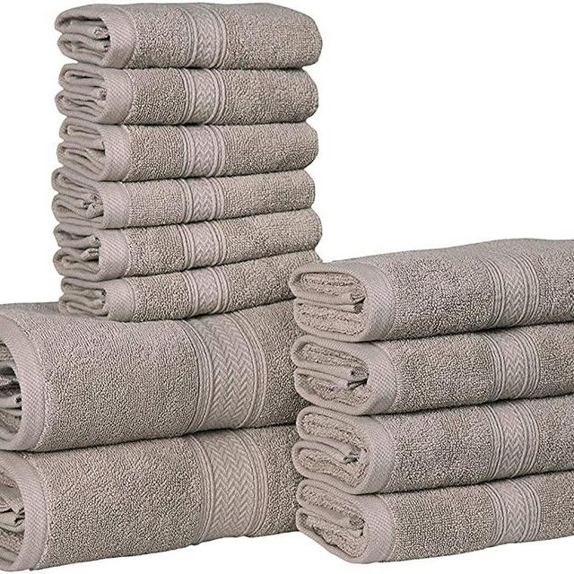 HILLFAIR 12 Piece- 600 GSM Cotton Bath Towels Set - Hotel Spa Towels Set- 2 Bath Towels, 4 Hand Towels, 6 Washcloths- Absorbent Soft Cotton Towels Set- Khaki Stone Towel Set- 100% Cotton Towel Set