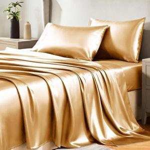 CozyLux Satin Sheets Queen Size Bed Set - 4 Piece Silky Queen Sheet Set, Luxury Gold Queen Sheets with Smooth and Soft Microfiber, Includes 1 Fitted Sheet, 1 Flat Sheet and 2 Pillowcases
