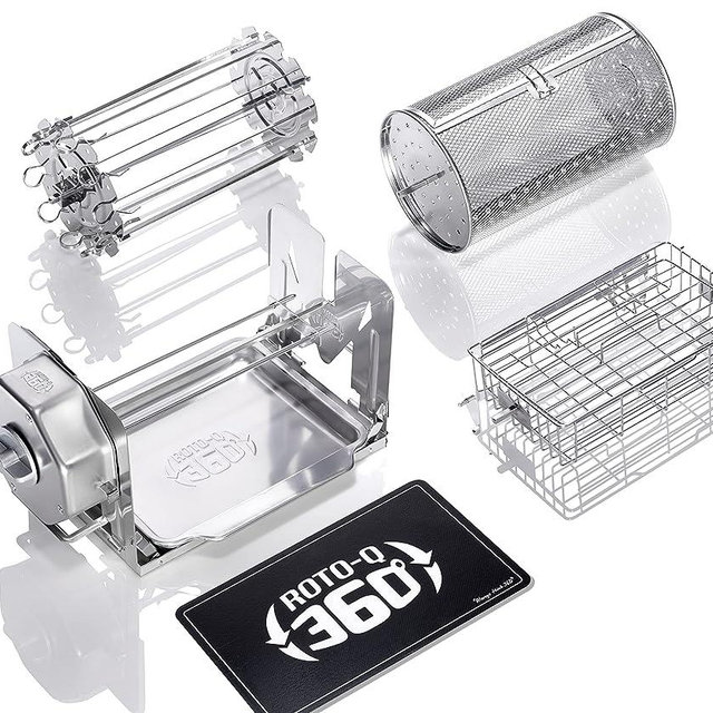 ROTO-Q 360 Family Q Bundle (STAINLESS STEEL) - Ultimate Indoor & Outdoor Rotisserie | Healthier Cooking | Portable, Versatile, Energy-Efficient | Self-Rotating Spit Roaster for Chicken, Shawarma, and More | Compatible with Oven, Grill, Smoker, Fire Pit