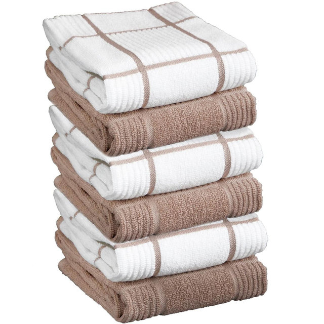T-fal Solid and Check Parquet Kitchen Towel Six Pack Sand
