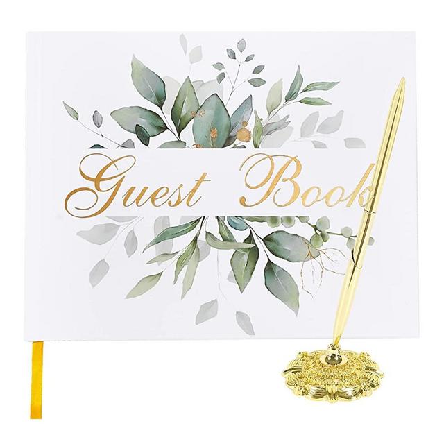Wedding Guest Book with Pen and Pen Holder, Lined Sign in Wedding Registry Guestbook, Hard Cover with Gold Foil, Gilded Edges, 7" x 9" (Eucalyptus Gold Foil, Book, Pen and Pen Holder)