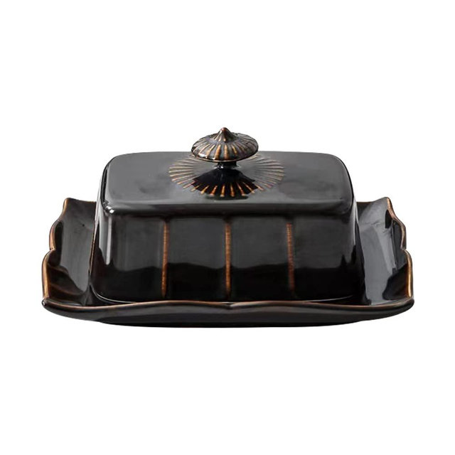 Porcelain Butter Dish with Lid for Countertop, Farmhouse Butter Holder Container with Luxurious Handle, Large Butter Keeper for East West Coast Butter - Dishwasher Safe (Black)