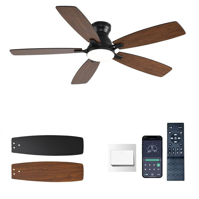 NKPU Ceiling Fans with Lights, Low Profile Ceiling Fan with Light and Remote/APP Control, DC Motor, Noiseless, Flush Mount, 52inch Brown Ceiling Fan for Bedroom Indoor/Outdoor Use