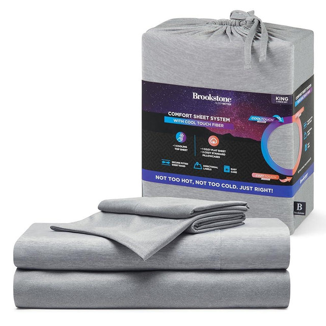 Brookstone Comfort King Sheet Set - Innovative Cooling Sheets for Hot Sleepers - Deep Sleep with Temperature Regulation - 4-Piece Set of Soft Flat, Fitted Sheet, & Two Pillowcases - Gray