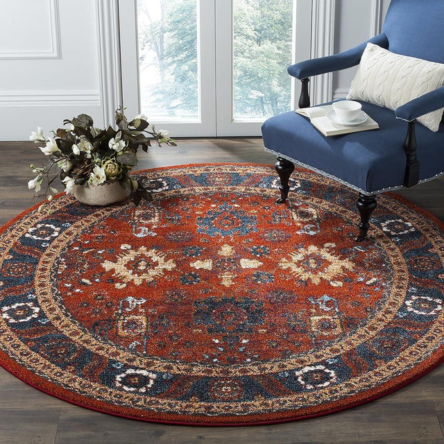 SAFAVIEH Vintage Hamadan Collection Area Rug - 6'7" Round, Orange & Blue, Traditional Persian Design, Non-Shedding & Easy to Clean, Ideal for Living Room, Bedroom, Dining Space (VTH214C)